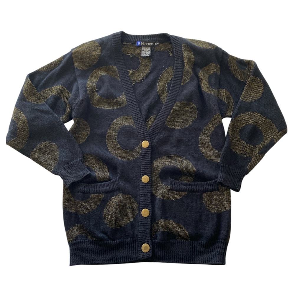 Vintage IB Diffusion Women’s S‎ Black Gold Circle Sweater Cardigan 90s